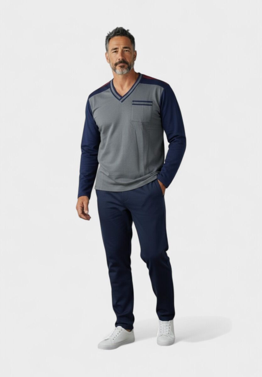Ανδρική πιτζάμα Fleece Collection μπλε και γκρι με V λαιμόκοψη – Closet22