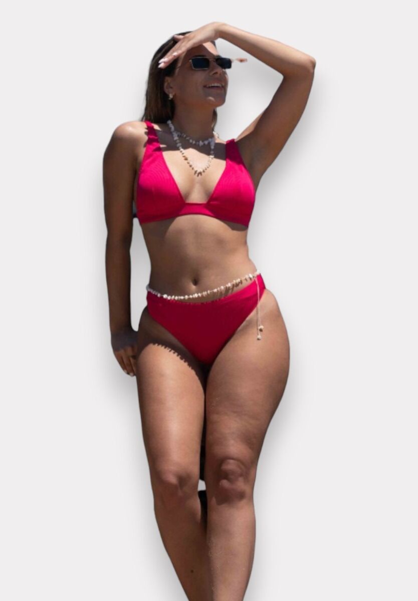 Μαγιό γυναικείο Bikini Set – Τριγωνικό Top Rib & Ψηλόμεσο Pink