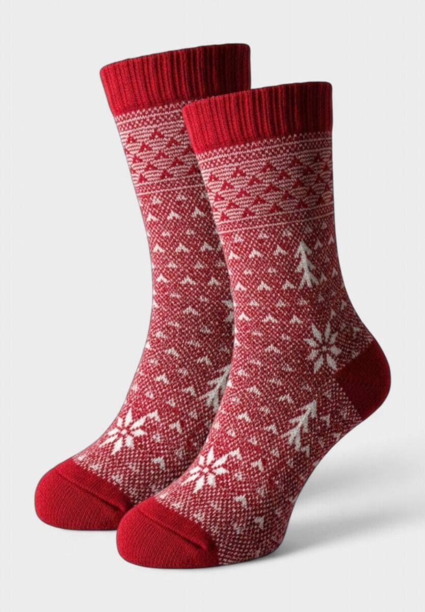 Γυναικεία μάλλινη κάλτσα Pro Socks Red Frost – κόκκινο χειμερινό μοτίβο