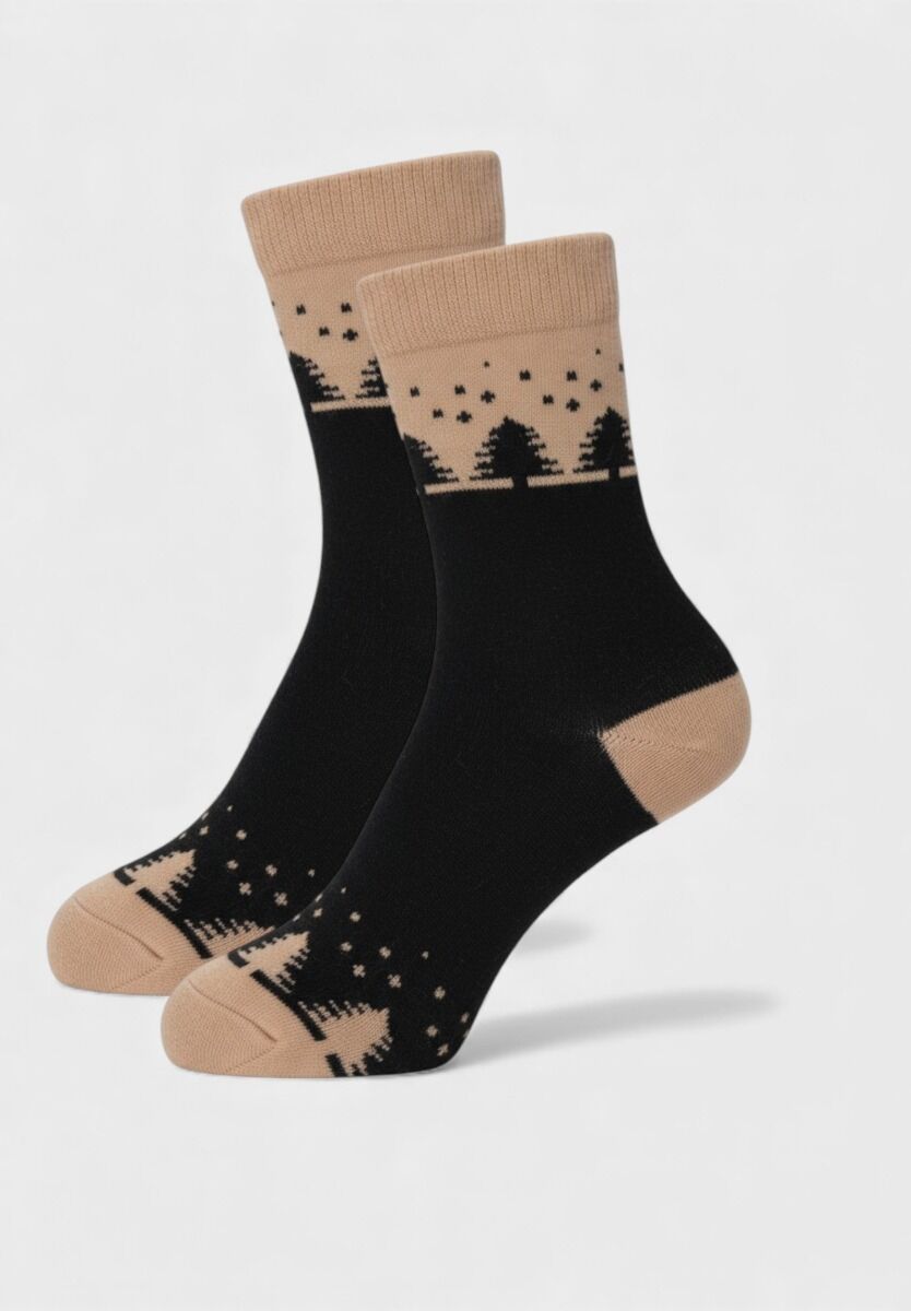 γυναικεία μάλλινη κάλτσα Pro Socks σε μαύρο beige με χειμερινό μοτίβο