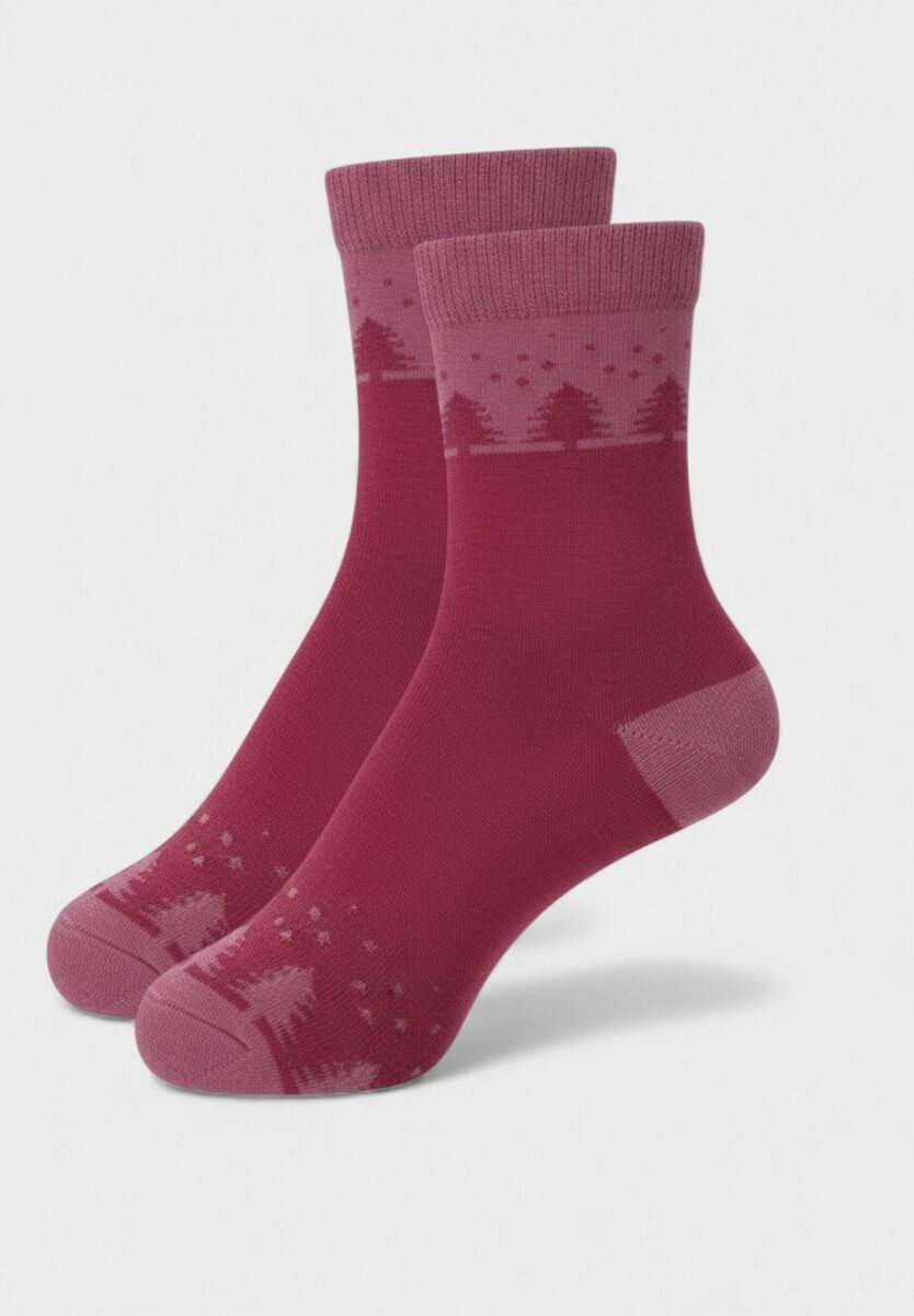 Γυναικεία μάλλινη κάλτσα Pro Socks σε ροζ-κερασί χρώμα με χειμωνιάτικο μοτίβο