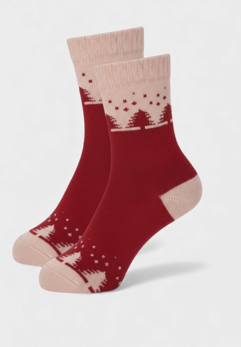 Γυναικεία μάλλινη κάλτσα Pro Socks κόκκινη με ροζ λεπτομέρειες και χειμερινό σχέδιο