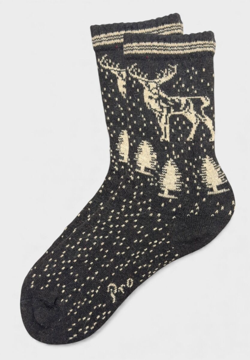 Γυναικεία μάλλινη κάλτσα Pro Socks Snow Deer Night σε καφέ χρώμα με χειμερινό μοτίβο