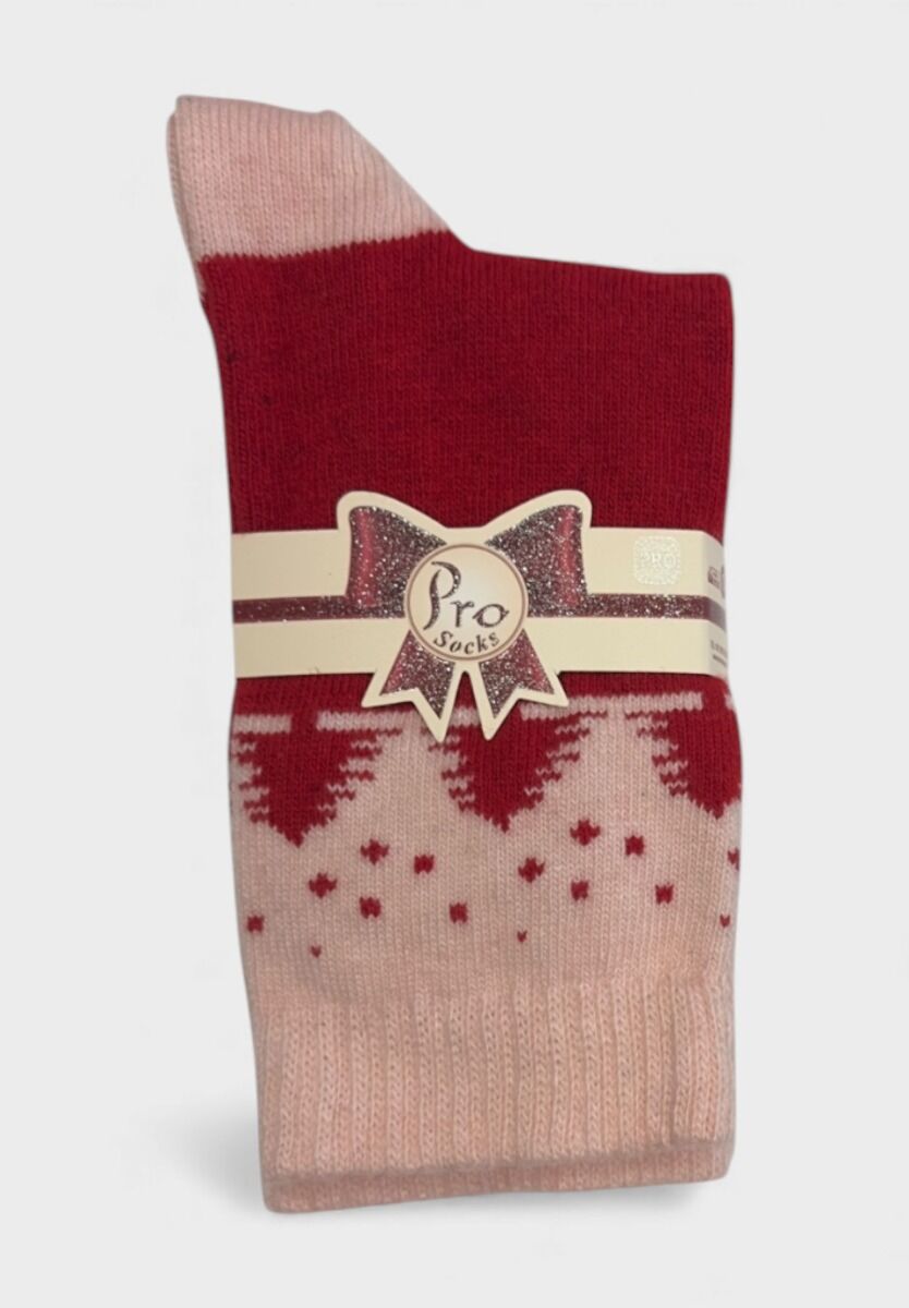 Γυναικεία μάλλινη κάλτσα Pro Socks κόκκινη με ροζ λεπτομέρειες και χειμερινό σχέδιο