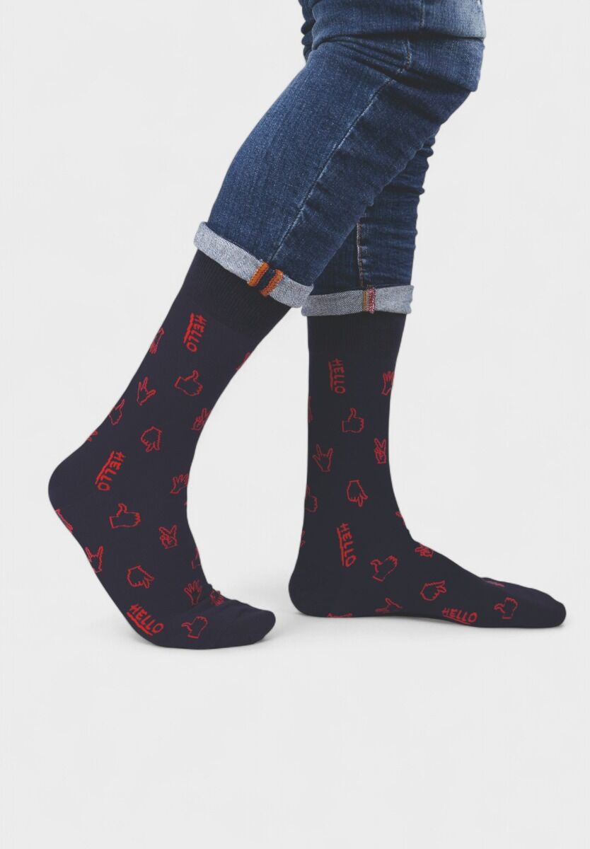 Ανδρική κάλτσα Soma Socks Hello μπλε με κόκκινα σχέδια