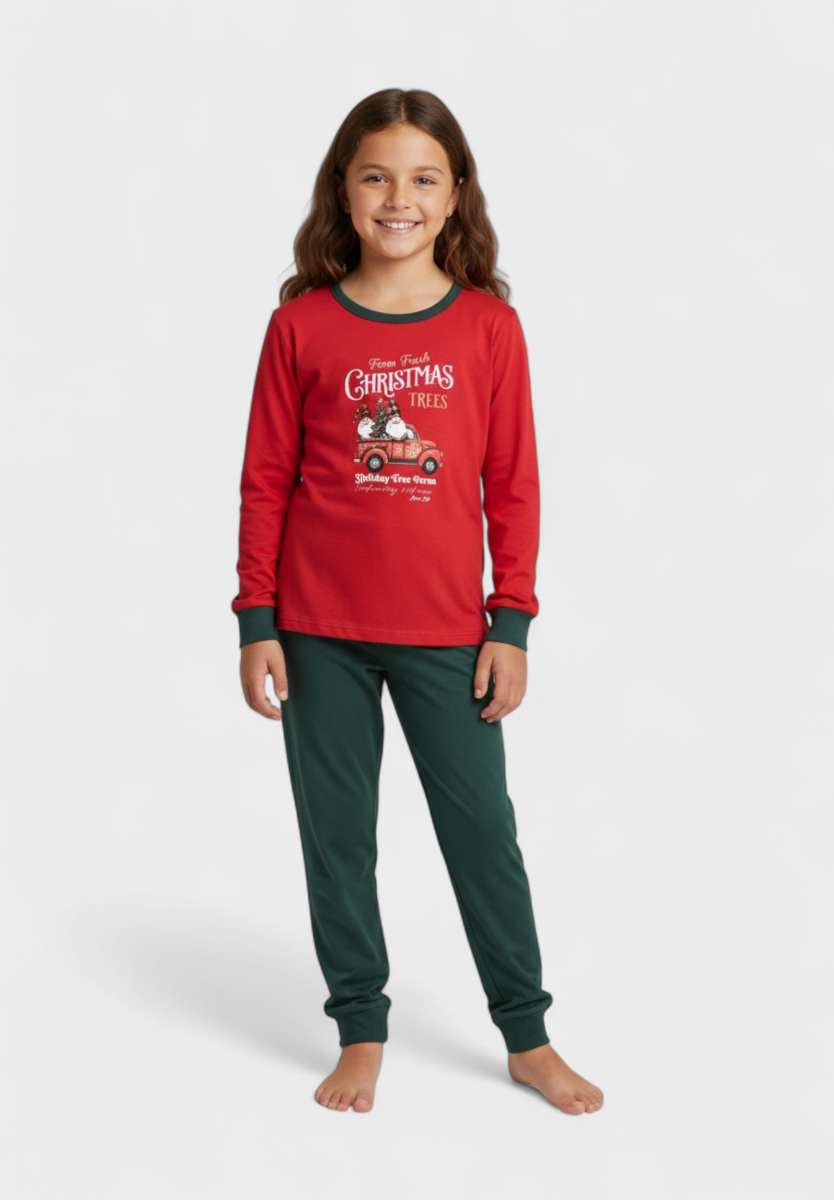 Παιδική χριστουγεννιάτικη πιτζάμα Nina Club κόκκινη με πράσινο παντελόνι και σχέδιο Santa.