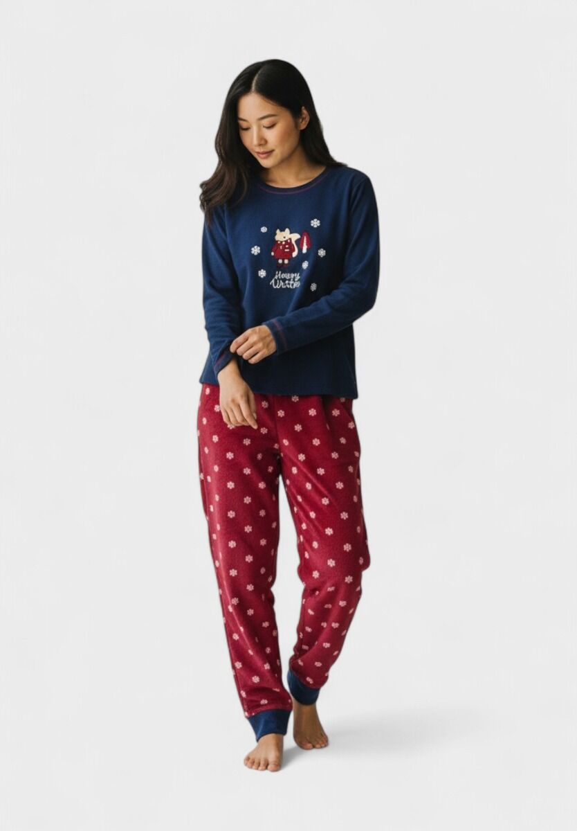 Γυναικεία Fleece Πιτζάμα Siyah Inci Happy Winter σε μπλε και μπορντό χρώμα
