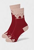 Γυναικεία μάλλινη κάλτσα Pro Socks κόκκινη με ροζ λεπτομέρειες και χειμερινό σχέδιο