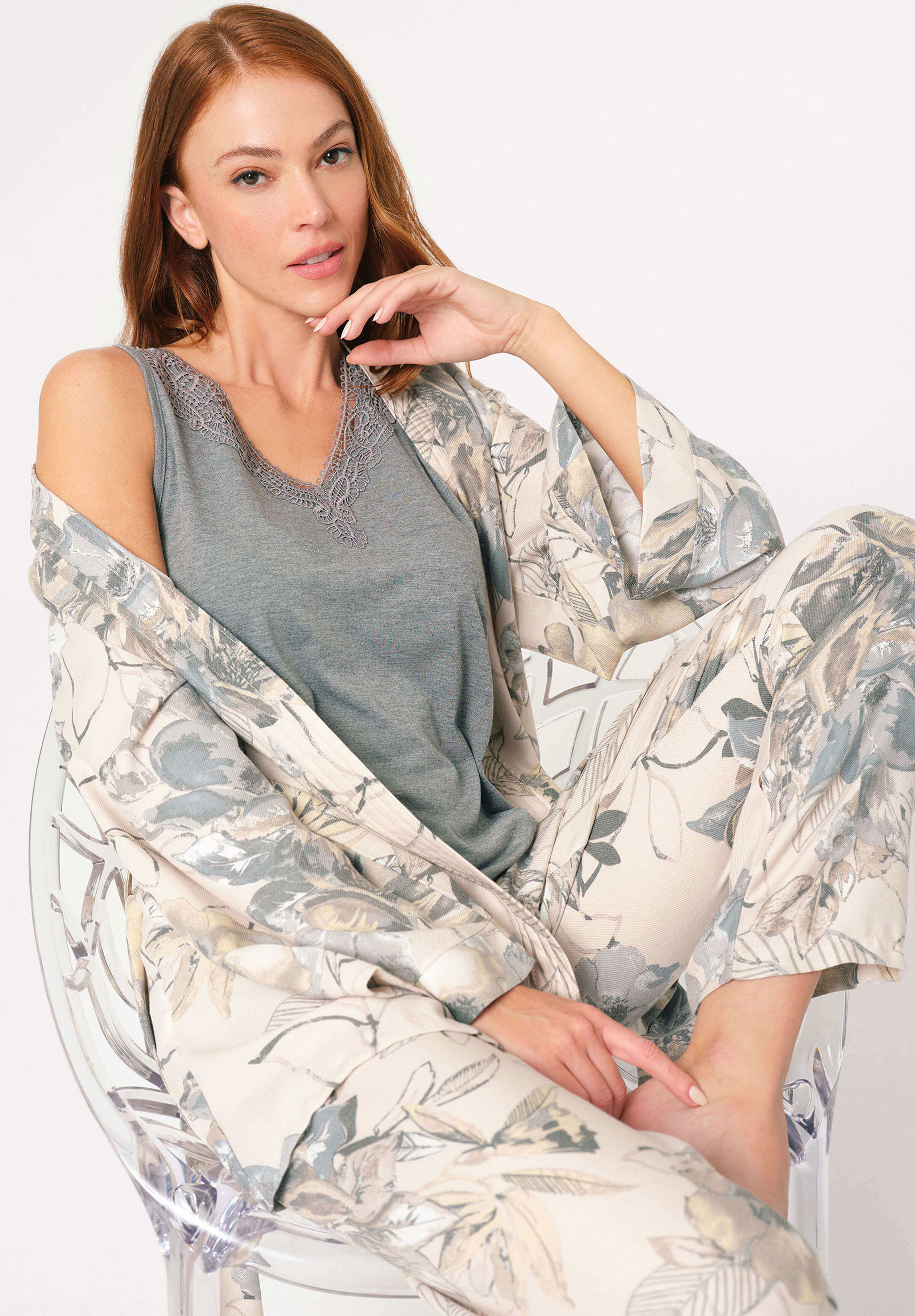 Πιτζάμα Σετ γυναικεία με ρόμπα Anil Viscoze Floral Εκρού Γκρι 5805ANL-Γκρι φωτογραφία