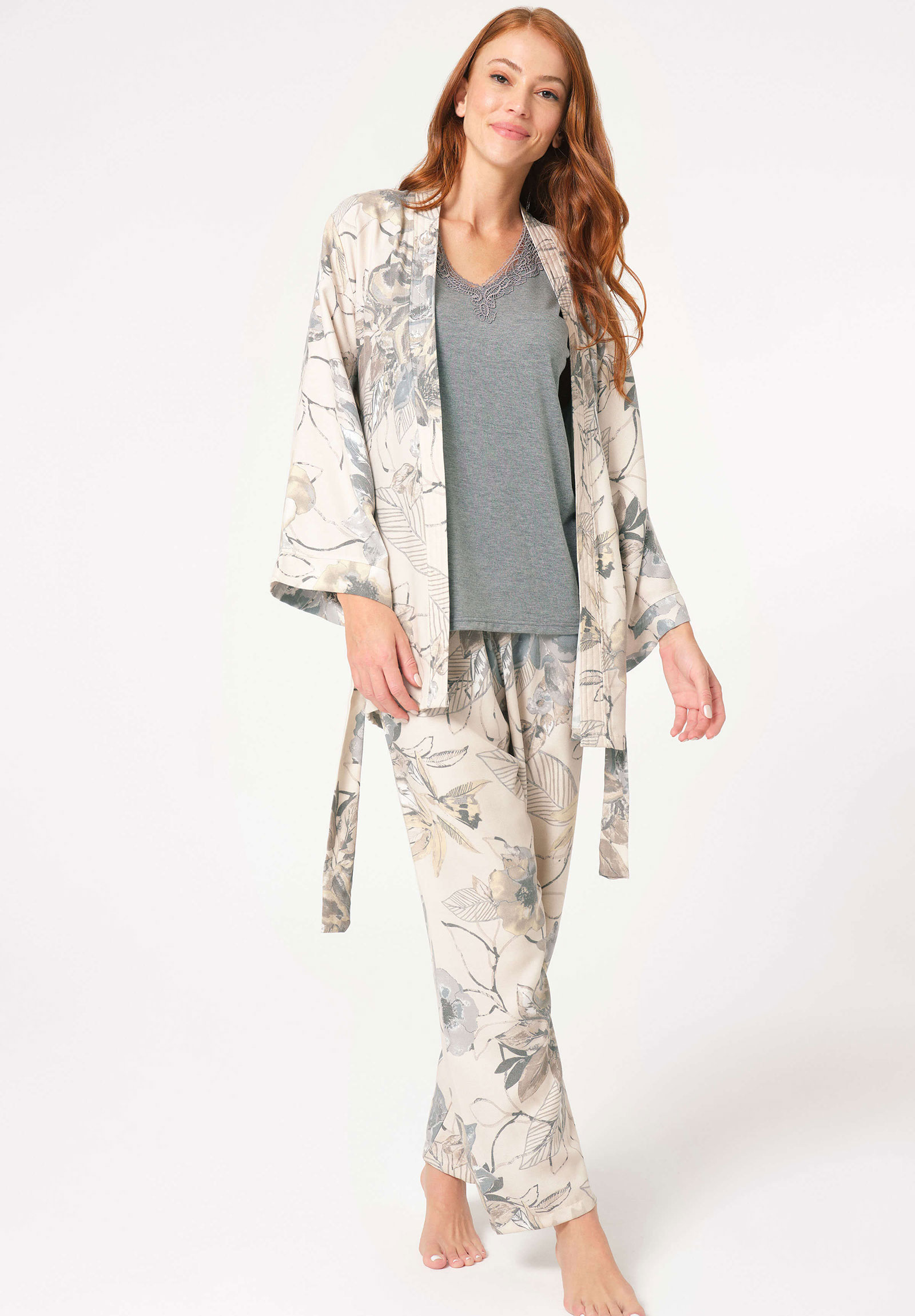 Anil Πιτζάμα Σετ γυναικεία με ρόμπα Anil Viscoze Floral Εκρού Γκρι 5805ANL-Γκρι