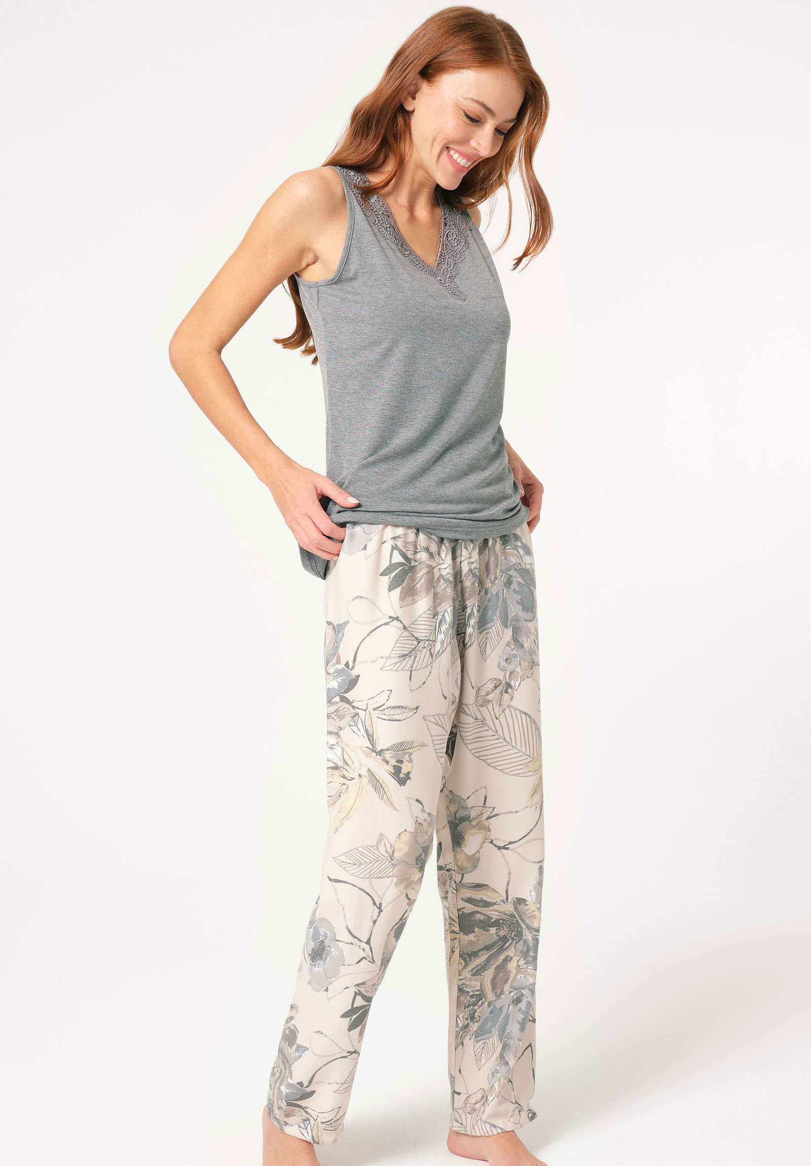 Πιτζάμα Σετ γυναικεία με ρόμπα Anil Viscoze Floral Εκρού Γκρι 5805ANL-Γκρι φωτογραφία