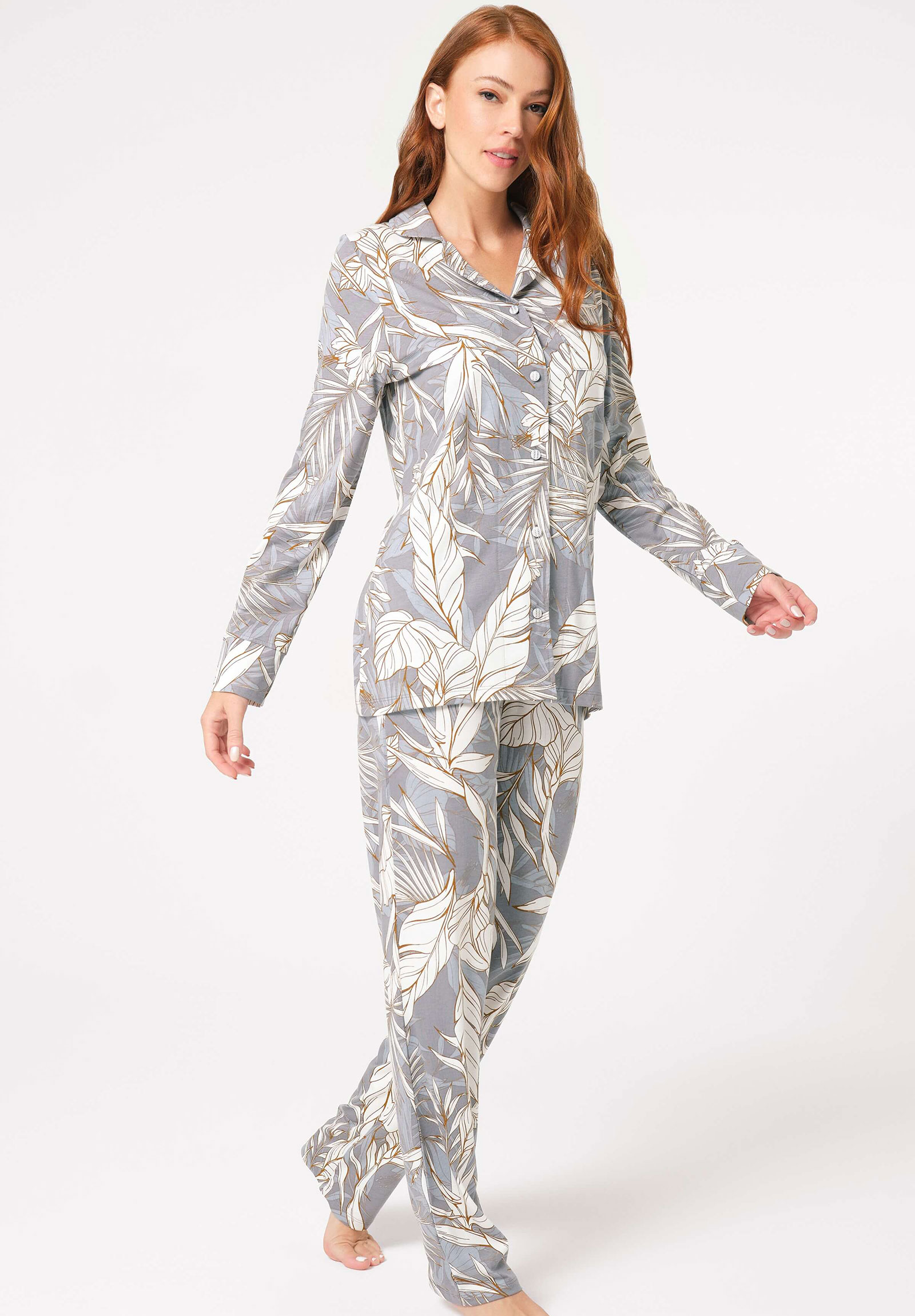 Anil Πιτζάμα γυναικεία με κουμπιά Anil Viscoze Floral Γκρι 9842ANL-Γκρι