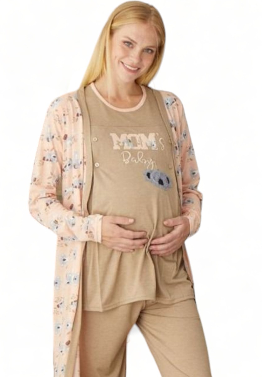 Πιτζάμα εγκυμοσύνης με ρόμπα Pijamood Mom's Baby PJMD2231-Μπεζ φωτογραφία