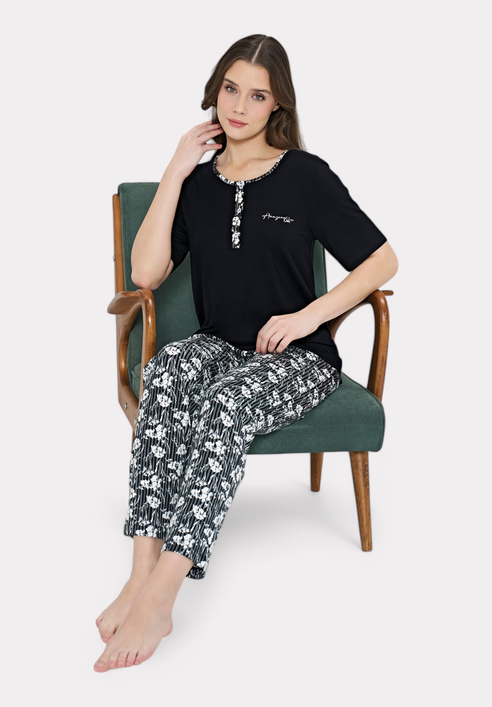 Πιτζάμα Viscose Pijadore με μακρύ παντελόνι μαύρη PJDR1839-Μαύρο φωτογραφία